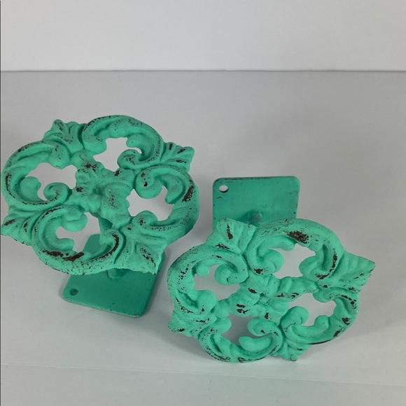 Curtain Tiebacks or Wall Hooks Hand Painted Sea Breeze Teal Distressed Finish - Picture 2 of 4